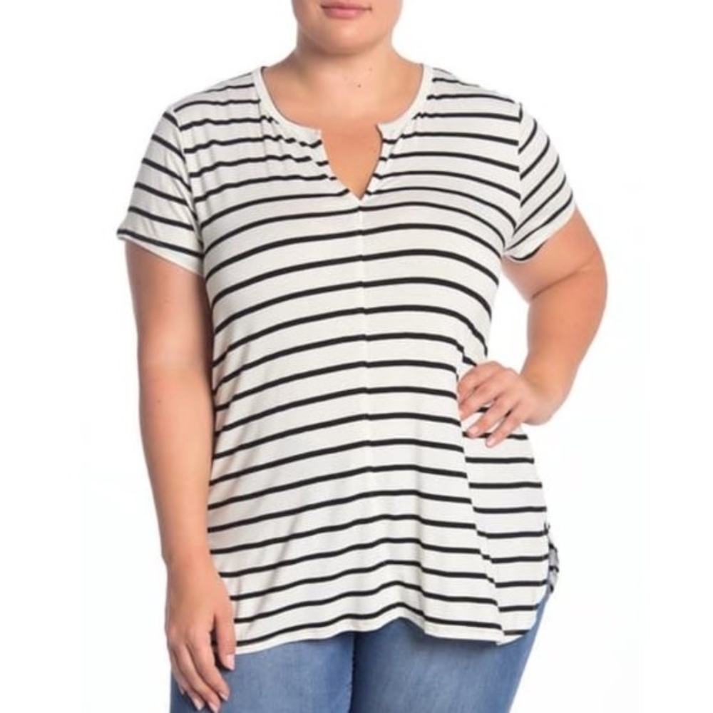 H By Bordeaux Split Neck Striped TOP